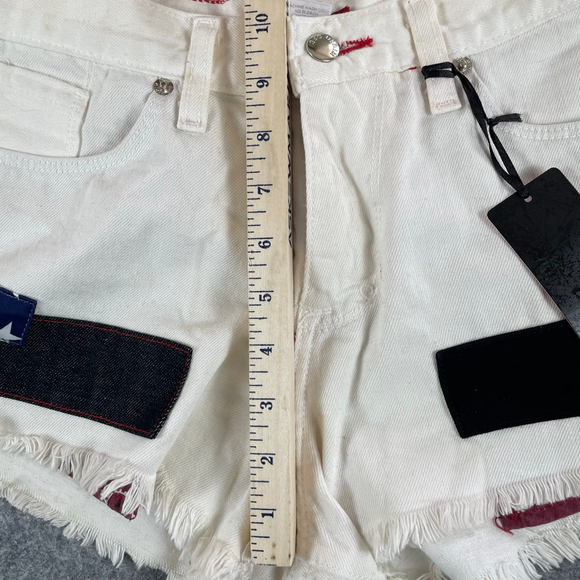 USA Flag Patch Denim Cutoff Shorts Womens L Selvedge Festival Y2K - Picture 11 of 12